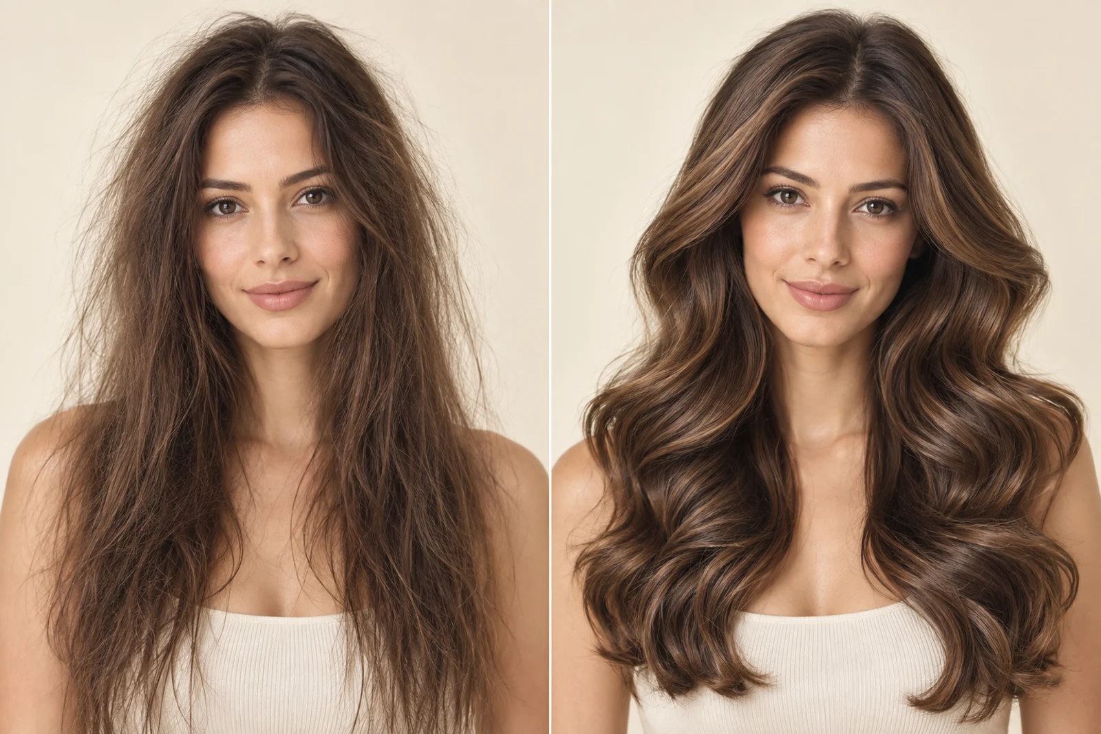 Avant après coiffage illustratif avec cheveux plus lisses et volumineux