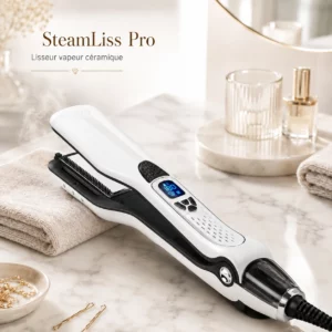 Lisseur vapeur SteamLiss Pro sur comptoir de salle de bain