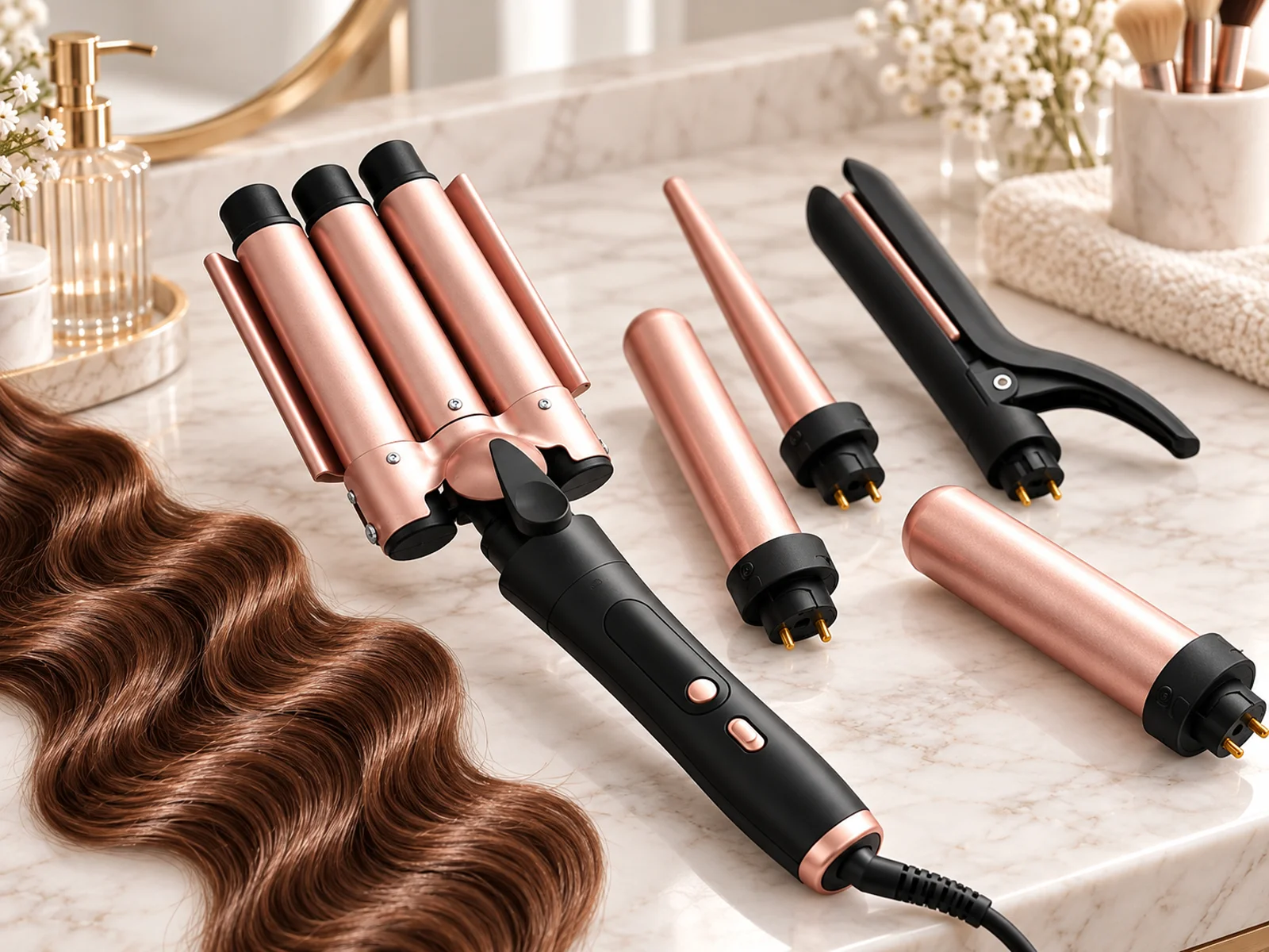 Fer à onduler WaveLux avec embouts et cheveux ondulés